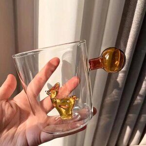 300ml Lot Of 2 3D Glass Cup With Sphere Handle or Juice Milk Tea - Deer